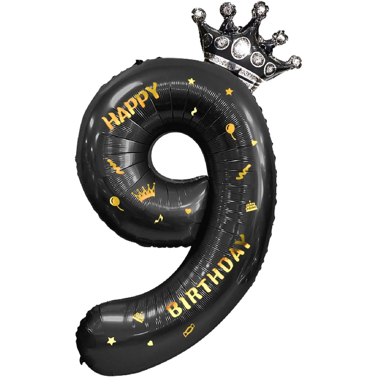 Balon din Folie Metalizata Vivimall, Figurina Cifra si Coroana, Scris Happy Birthday, Tema Aniversare 100 cm, Ambalaj Individual, Pai inclus, Umflare cu Aer sau Heliu, Negru, Cifra 9 - vivimall.ro