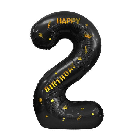 Balon din Folie Metalizata Vivimall, Figurina Cifra, Scris Happy Birthday, Tema Aniversare 100 cm, Ambalaj Individual, Pai inclus, Umflare cu Aer sau Heliu, Negru, Cifra 2 - vivimall.ro