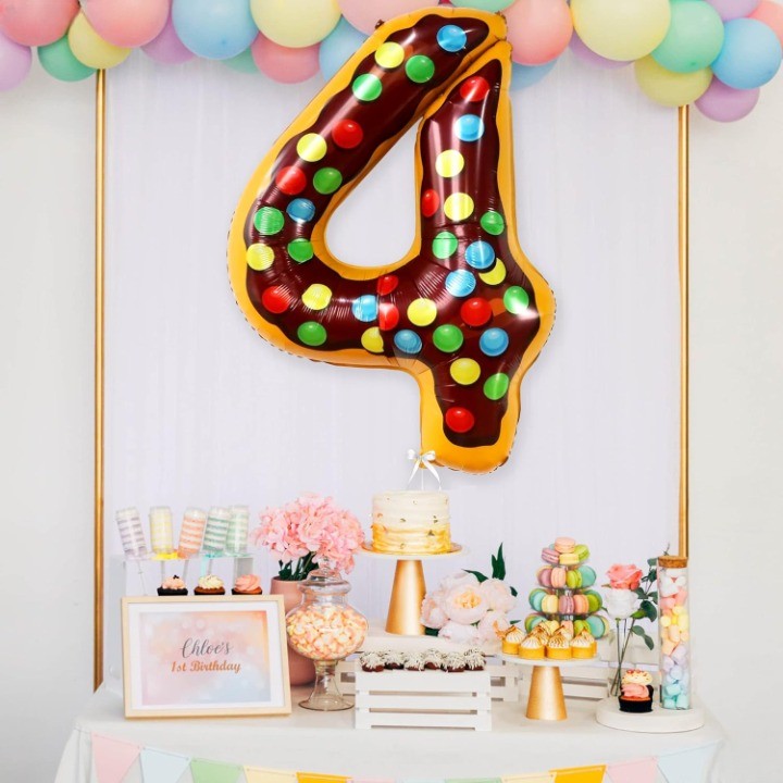 Balon din Folie Metalizata Vivimall, Figurina Cifra, Imprimeu Gogosi, Tema Aniversare 100 cm, Ambalaj Individual, Pai inclus, Umflare cu Aer sau Heliu, Multicolor, Cifra 4 - vivimall.ro