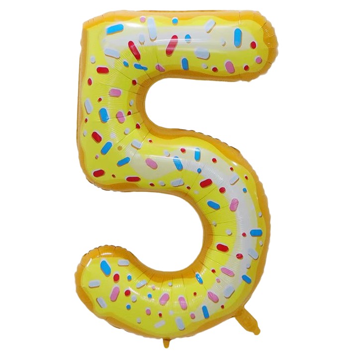 Balon din Folie Metalizata Vivimall, Figurina Cifra, Imprimeu Gogosi, Tema Aniversare 100 cm, Ambalaj Individual, Pai inclus, Umflare cu Aer sau Heliu, Multicolor, Cifra 5 - vivimall.ro