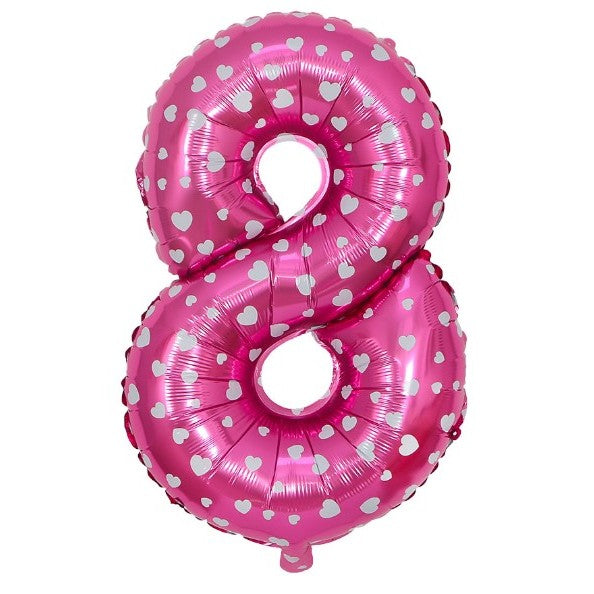 Balon din Folie Metalizata Vivimall, Figurina Cifra, Imprimeu Inimi, Tema Aniversare 80 cm, Ambalaj Individual, Pai inclus, Umflare cu Aer sau Heliu, Roz, Cifra 8 - vivimall.ro