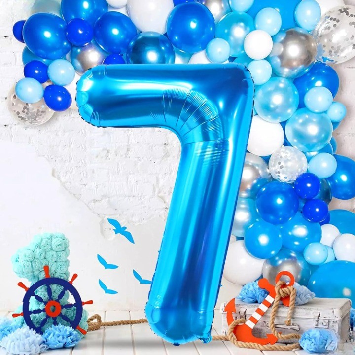 Balon din Folie Metalizata Vivimall, Figurina Cifra, Tema Aniversare 40 cm, Ambalaj Individual, Pai inclus, Umflare cu Aer sau Heliu, Albastru, Cifra 7 - vivimall.ro