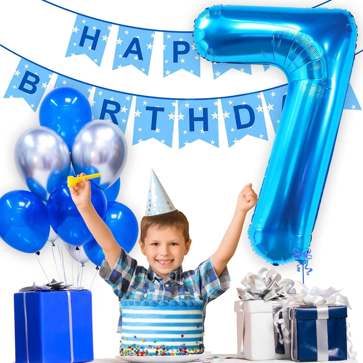 Balon din Folie Metalizata Vivimall, Figurina Cifra, Tema Aniversare 40 cm, Ambalaj Individual, Pai inclus, Umflare cu Aer sau Heliu, Albastru, Cifra 7 - vivimall.ro