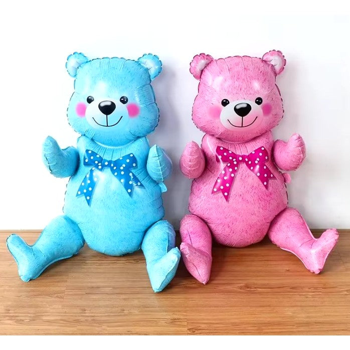 Balon din Folie Metalizata, Vivimall, Figurina Animalute, Model Ursulet Asezat, Tematica Aniversare, 44x82.5 cm, Ambalaj Individual, Pai Inclus, Umflare cu Aer sau Heliu, Albastru - vivimall.ro