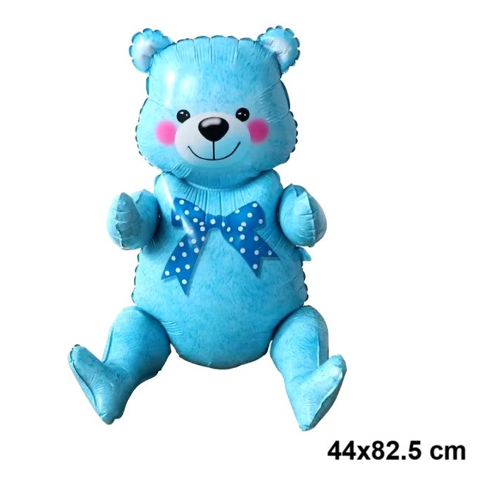 Balon din Folie Metalizata, Vivimall, Figurina Animalute, Model Ursulet Asezat, Tematica Aniversare, 44x82.5 cm, Ambalaj Individual, Pai Inclus, Umflare cu Aer sau Heliu, Albastru - vivimall.ro
