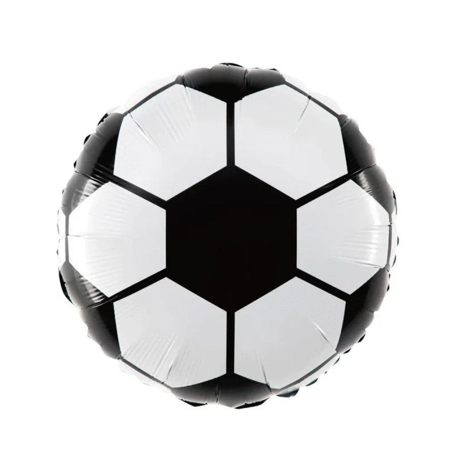 Balon din Folie Metalizata, Vivimall, Figurina Cerc, Model Minge de Fotbal, Tematica Sport, 45 cm, Ambalaj Individual, Pai Inclus, Umflare cu Aer sau Heliu, Alb-Negru - vivimall.ro