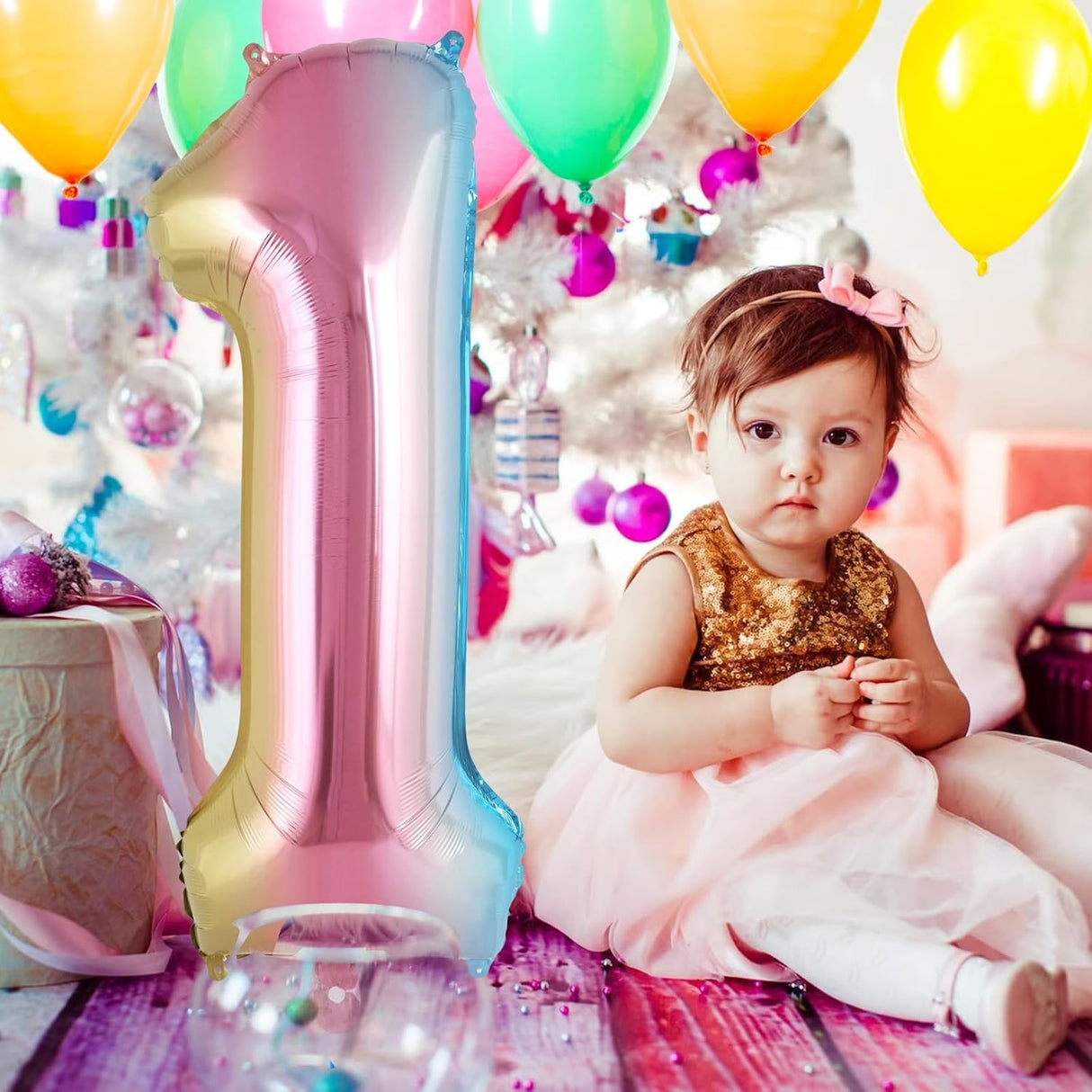 Balon din Folie Metalizata Vivimall, Figurina Cifra Gradient, Tema Aniversare 40 cm, Ambalaj Individual, Pai inclus, Umflare cu Aer sau Heliu, Multicolor, Cifra 1 - vivimall.ro