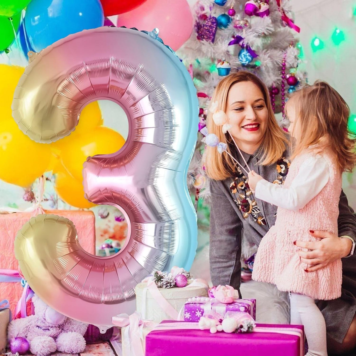 Balon din Folie Metalizata Vivimall, Figurina Cifra Gradient, Tema Aniversare 40 cm, Ambalaj Individual, Pai inclus, Umflare cu Aer sau Heliu, Multicolor, Cifra 3 - vivimall.ro