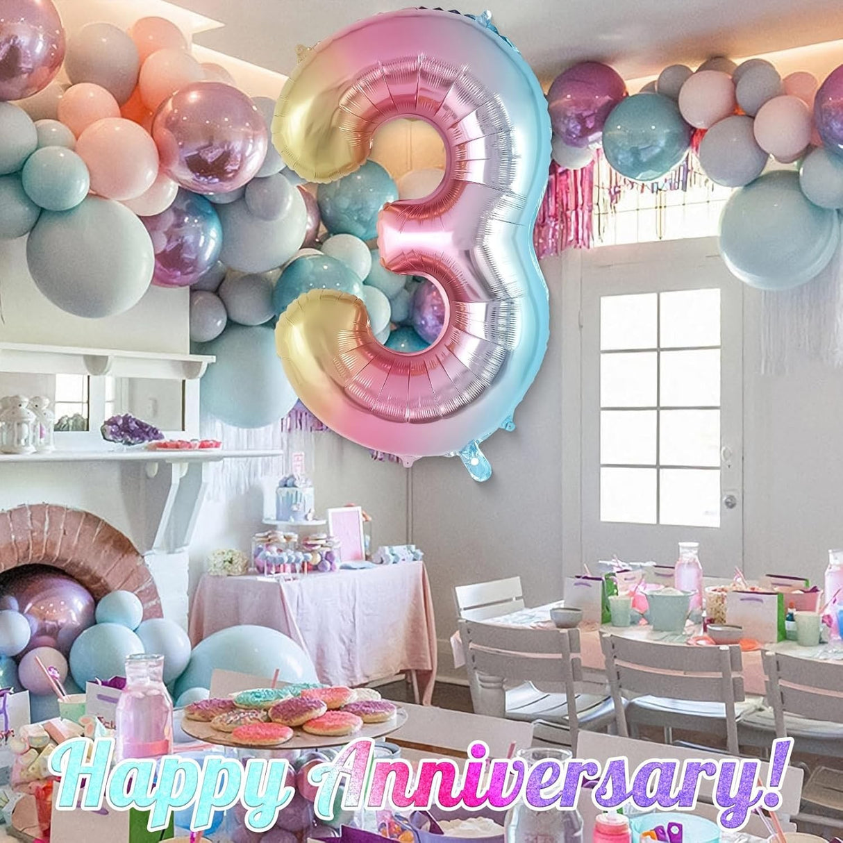 Balon din Folie Metalizata Vivimall, Figurina Cifra Gradient, Tema Aniversare 40 cm, Ambalaj Individual, Pai inclus, Umflare cu Aer sau Heliu, Multicolor, Cifra 3 - vivimall.ro