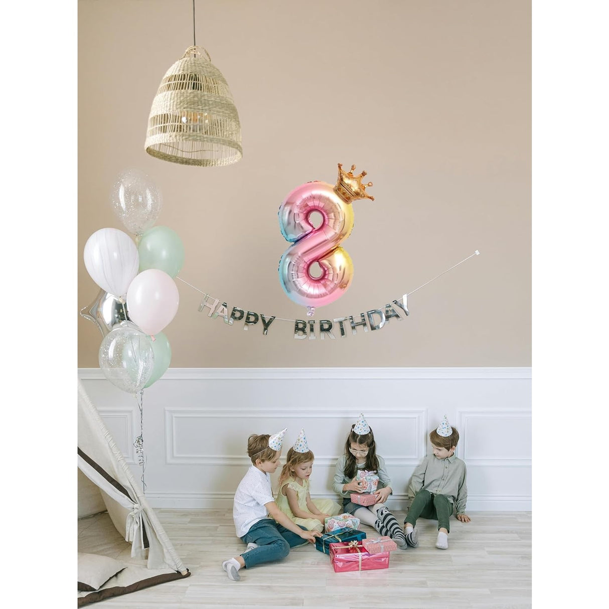 Balon din Folie Metalizata, Vivimall, Figurina Cifra Gradient, Tema Aniversare 80 cm, Ambalaj Individual, Pai inclus, Umflare cu Aer sau Heliu, Coronita, Cifra 8 - vivimall.ro