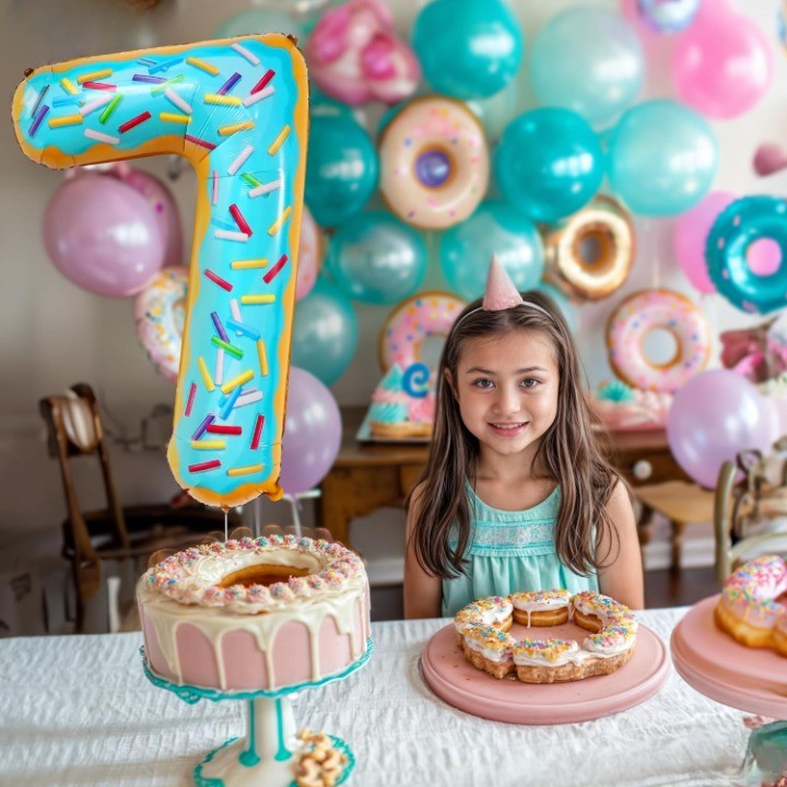 Balon din Folie Metalizata Vivimall, Figurina Cifra, Imprimeu Gogosi, Tema Aniversare 100 cm, Ambalaj Individual, Pai inclus, Umflare cu Aer sau Heliu, Multicolor, Cifra 7 - vivimall.ro