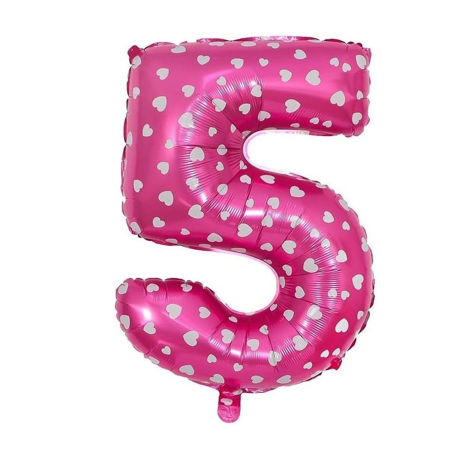 Balon din Folie Metalizata Vivimall, Figurina Cifra, Imprimeu Inimi, Tema Aniversare 80 cm, Ambalaj Individual, Pai inclus, Umflare cu Aer sau Heliu, Roz, Cifra 5 - vivimall.ro