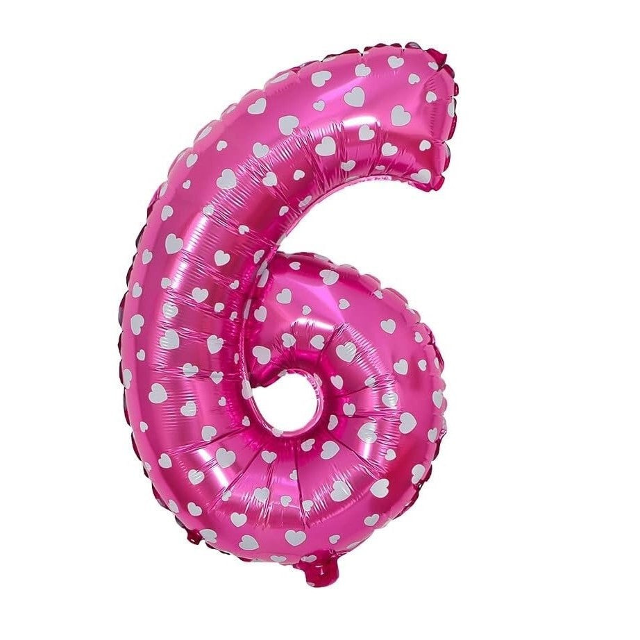 Balon din Folie Metalizata Vivimall, Figurina Cifra, Imprimeu Inimi, Tema Aniversare 80 cm, Ambalaj Individual, Pai inclus, Umflare cu Aer sau Heliu, Roz, Cifra 6 - vivimall.ro