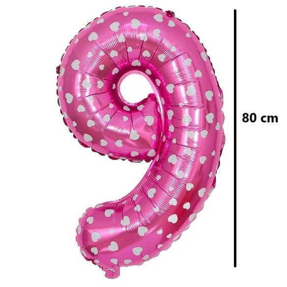 Balon din Folie Metalizata Vivimall, Figurina Cifra, Imprimeu Inimi, Tema Aniversare 80 cm, Ambalaj Individual, Pai inclus, Umflare cu Aer sau Heliu, Roz, Cifra 9 - vivimall.ro
