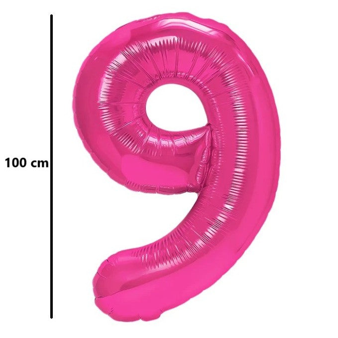 Balon din Folie Metalizata, Vivimall, Figurina Cifra, Model 9, Tema Aniversare 100 cm, Ambalaj Individual, Pai Inclus, Umflare cu Aer sau Heliu, Roz - vivimall.ro