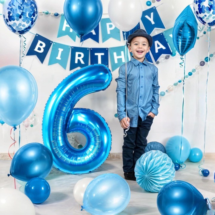 Balon din Folie Metalizata Vivimall, Figurina Cifra, Tema Aniversare 40 cm, Ambalaj Individual, Pai inclus, Umflare cu Aer sau Heliu, Albastru, Cifra 6 - vivimall.ro