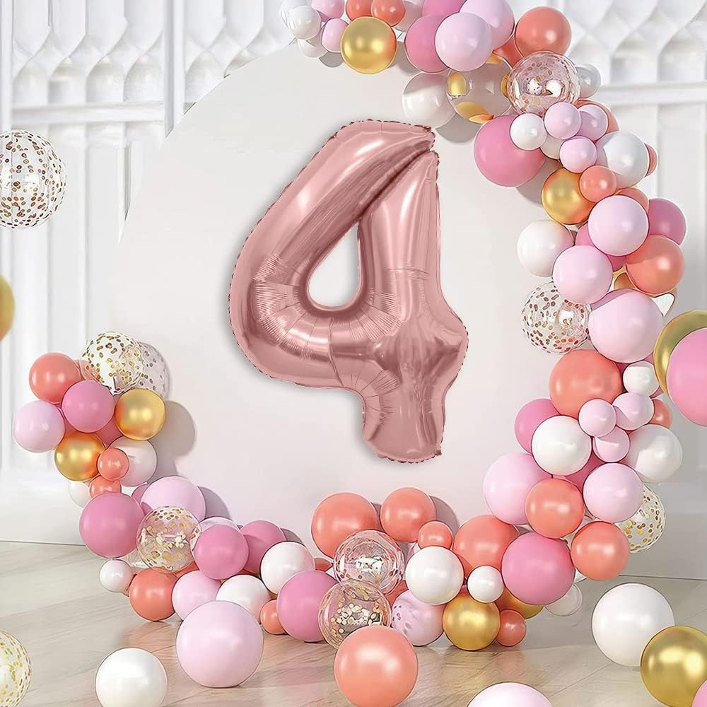 Balon din Folie Metalizata Vivimall, Figurina Cifra, Tema Aniversare 40 cm, Ambalaj Individual, Pai inclus, Umflare cu Aer sau Heliu, Rose Gold, Cifra 4 - vivimall.ro