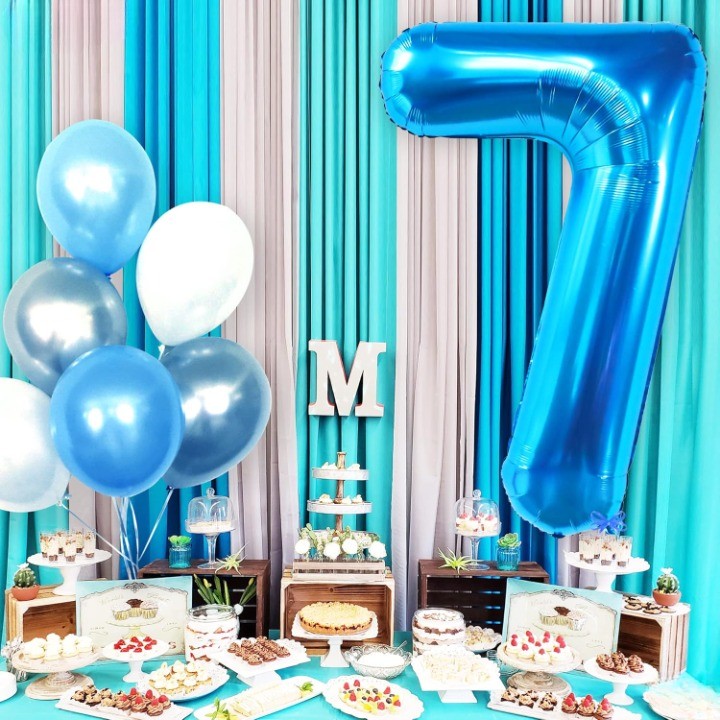 Balon din Folie Metalizata, Vivimall, Figurina Cifra, Tema Aniversare 80 cm, Ambalaj Individual, Pai inclus, Umflare cu Aer sau Heliu, Albastru, Cifra 7 - vivimall.ro