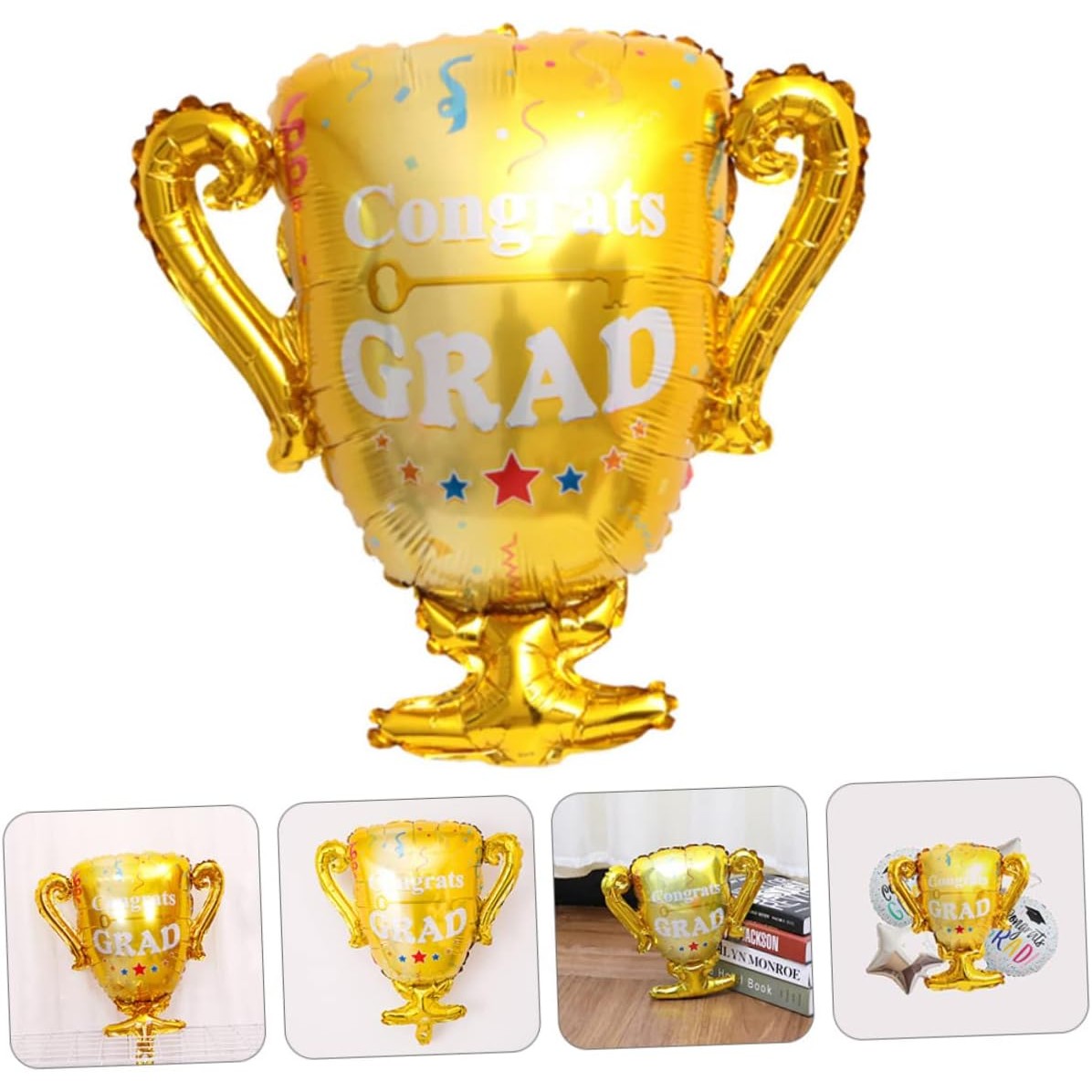 Balon din Folie Metalizata, Vivimall, Figurina Cupa, Tema Absolvire, 65x72cm, Ambalaj Individual, Pai Inclus, Umflare cu Aer sau Heliu, Galben - vivimall.ro