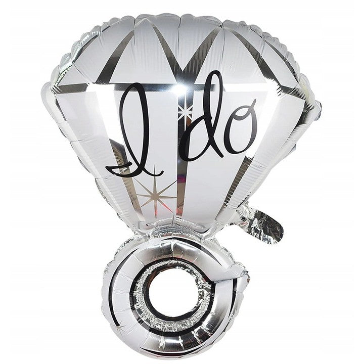 Balon din Folie Metalizata, Vivimall, Figurina Inel de Logodna, Model Diamant, Tema Nunta, 60 cm, Ambalaj Individual, Pai Inclus, Umflare cu Aer sau Heliu, Alb - vivimall.ro
