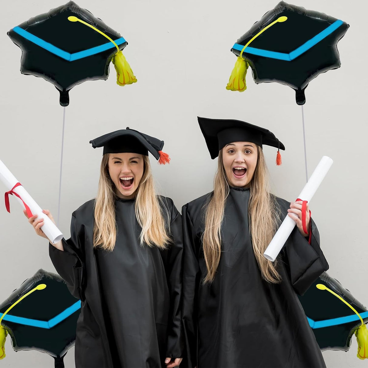 Balon din Folie Metalizata, Vivimall, Figurina, Model Toca Congrats Grad, Tematica Absolvire, 56x70 cm, Ambalaj Individual, Pai Inclus, Umflare cu Aer sau Heliu, Negru-Albastru - vivimall.ro