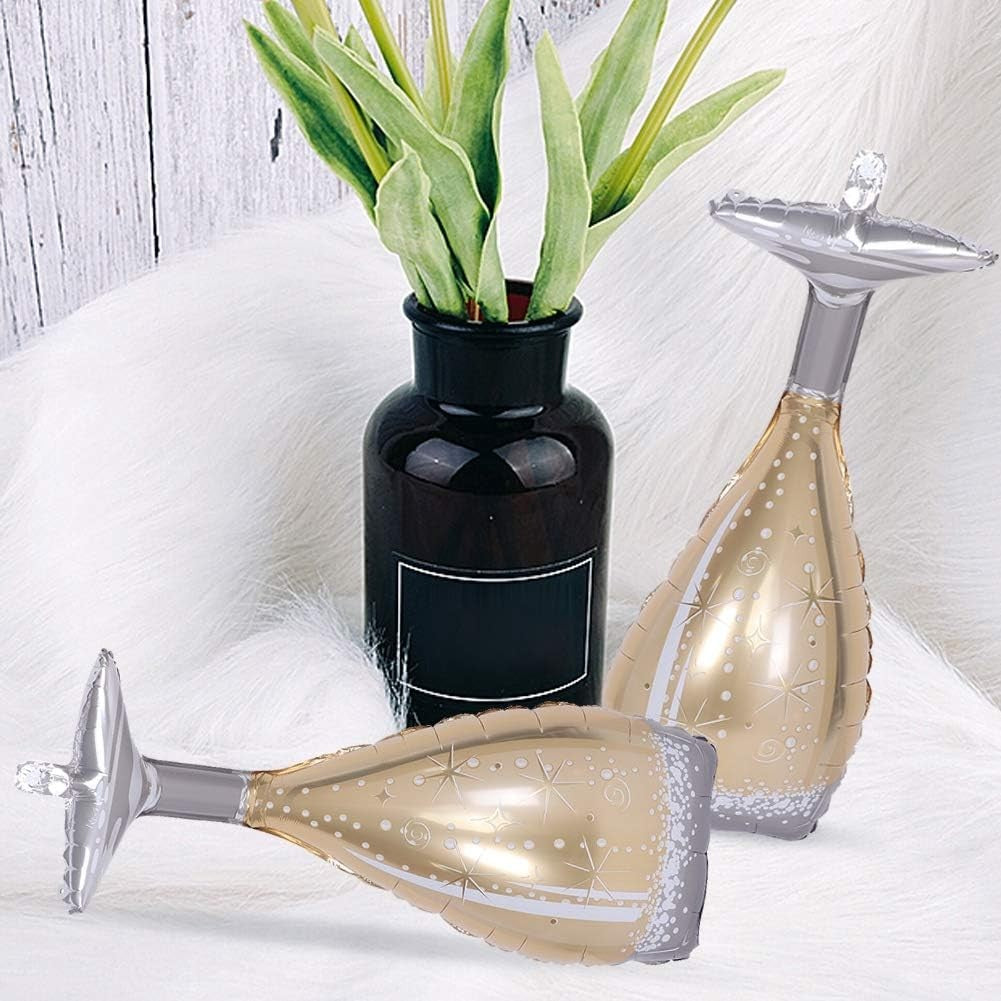 Balon din Folie Metalizata, Vivimall, Figurina Pahar de Sampanie, Tema Aniversare, 100x40 cm, Ambalaj Individual, Pai Inclus, Umflare cu Aer sau Heliu, Auriu - vivimall.ro