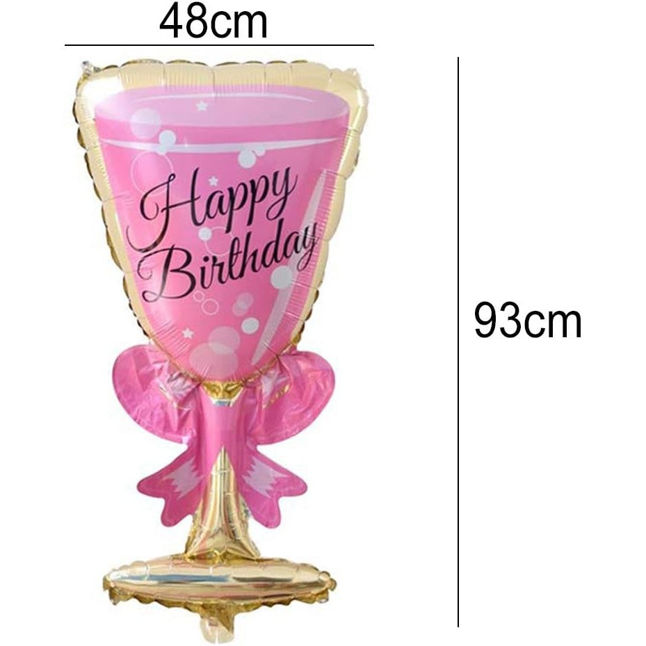 Balon din Folie Metalizata, Vivimall, Figurina Pahar de Vin, Tema Aniversare, 93x48 cm, Ambalaj Individual, Pai Inclus, Umflare cu Aer sau Heliu, Roz - vivimall.ro