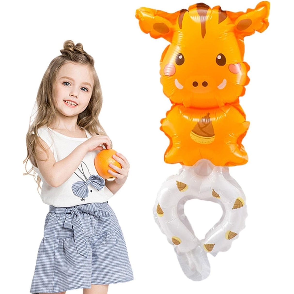 Balon din Folie Metalizata, Vivimall, Figurine Animalute, Tip Bratara, Model Girafa, 13 x 35 cm, Ambalaj Individual, Pai Inclus, Umflare cu Aer sau Heliu, Maro - vivimall.ro