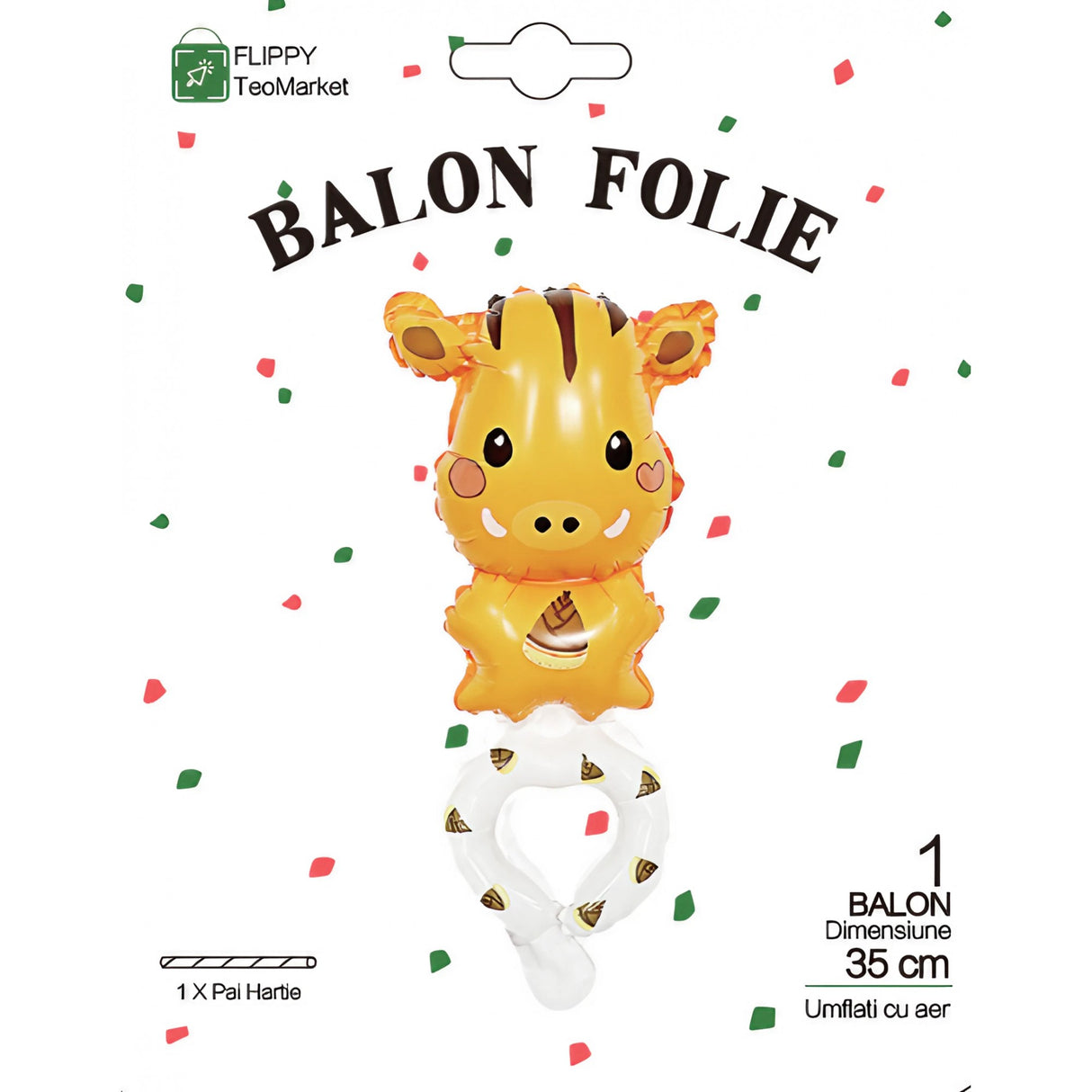 Balon din Folie Metalizata, Vivimall, Figurine Animalute, Tip Bratara, Model Girafa, 13 x 35 cm, Ambalaj Individual, Pai Inclus, Umflare cu Aer sau Heliu, Maro - vivimall.ro