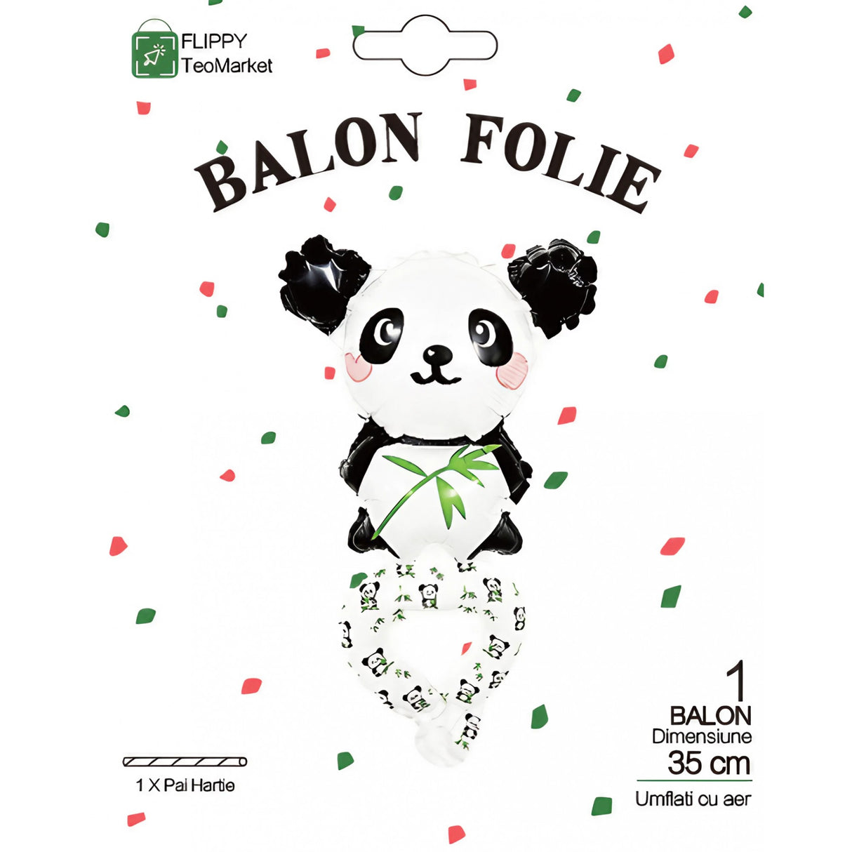 Ambalaj individual balon Panda folie metalizată Vivimall, pai transparent inclus, vedere de ansamblu