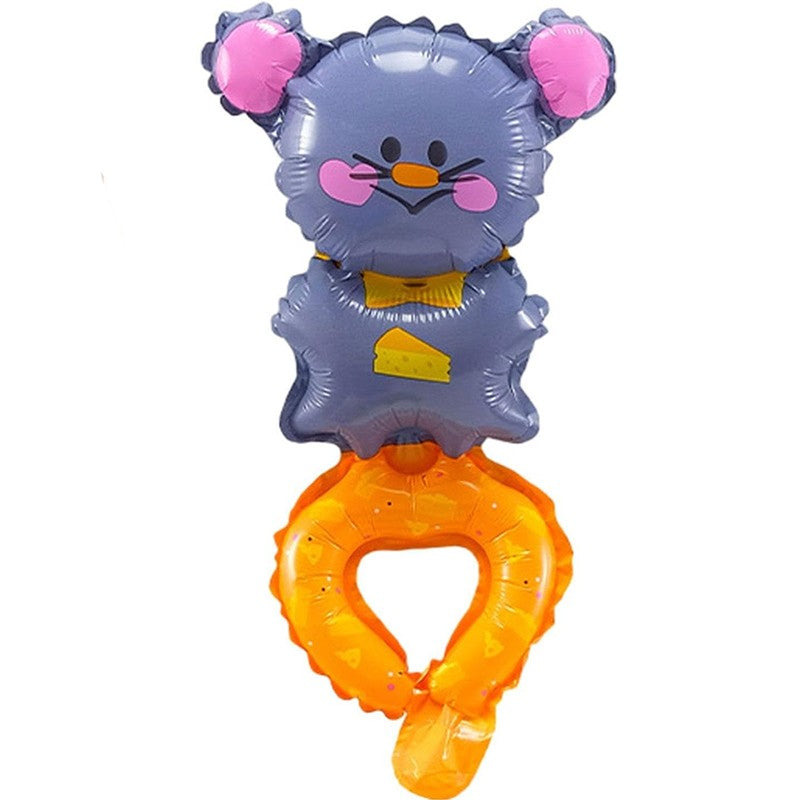 Balon din Folie Metalizata, Vivimall, Figurine Animalute, Tip Bratara, Model Soricel, Ambalaj Individual, Pai Inclus, Umflare cu Aer sau Heliu, Gri - vivimall.ro