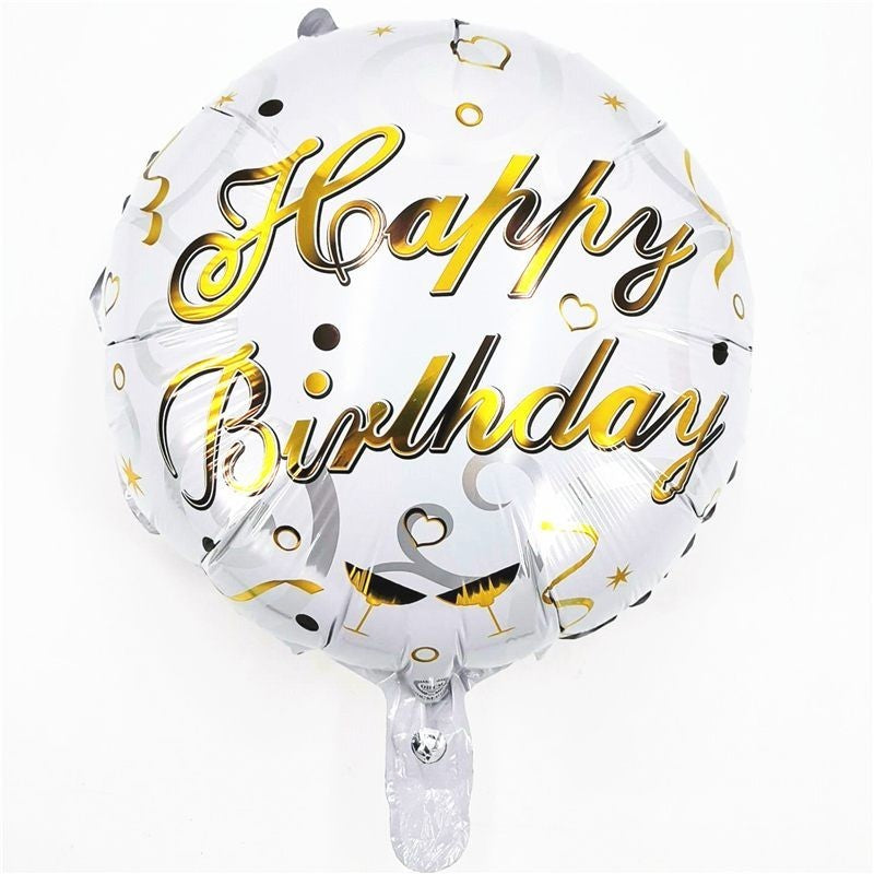 Balon din Folie Metalizata, Vivimall, Mini Figurina Rotunda, Model Happy Birthday, Tema Aniversare, 45 cm, Ambalaj Individual, Pai inclus, Umflare cu Aer sau Heliu, Argintiu - vivimall.ro