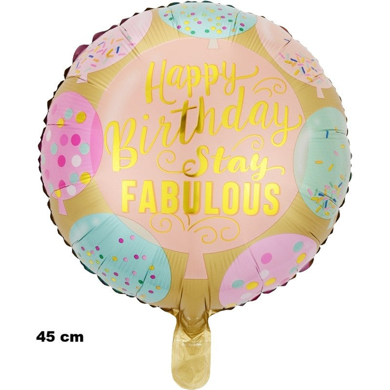 Balon din Folie Metalizata, Vivimall, Mini Figurina Rotunda, Model Happy Birthday Stay Fabulous, Tematica Aniversare, 45 cm, Ambalaj Individual, Pai Inclus, Umflare cu Aer sau Heliu, Multicolor - vivimall.ro