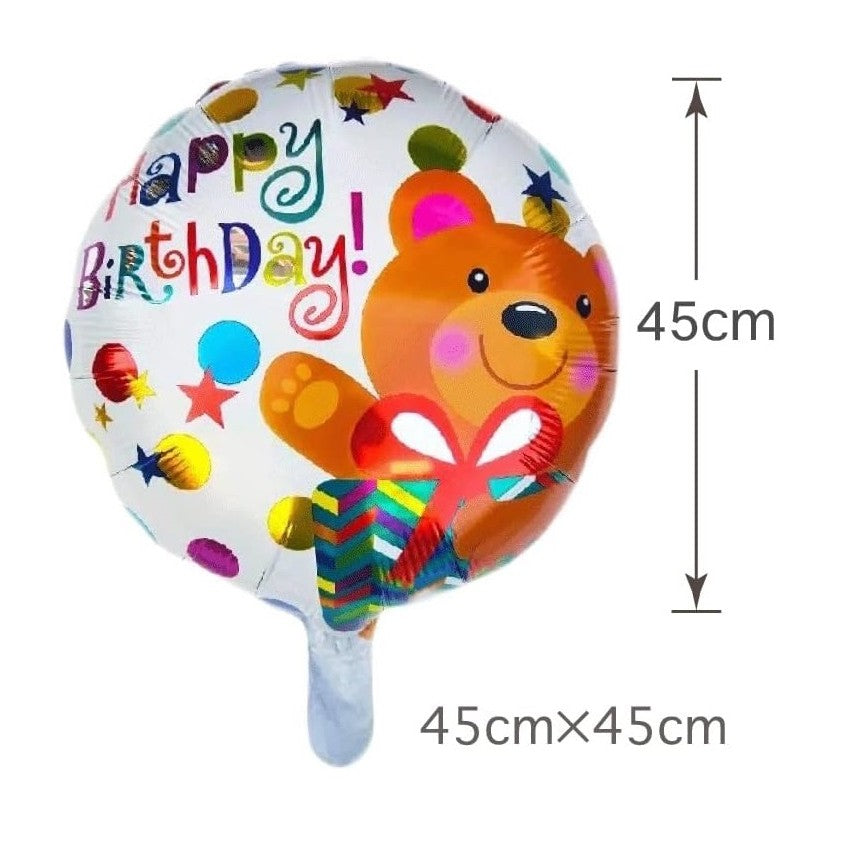 Balon din Folie Metalizata, Vivimall, Mini Figurina Rotunda, Model Happy Birthday Ursulet, Tema Aniversare, 45 cm, Ambalaj Individual, Pai inclus, Umflare cu Aer sau Heliu, Maro - vivimall.ro