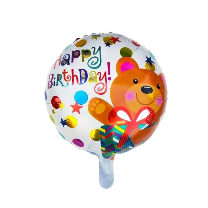 Balon din Folie Metalizata, Vivimall, Mini Figurina Rotunda, Model Happy Birthday Ursulet, Tema Aniversare, 45 cm, Ambalaj Individual, Pai inclus, Umflare cu Aer sau Heliu, Maro - vivimall.ro