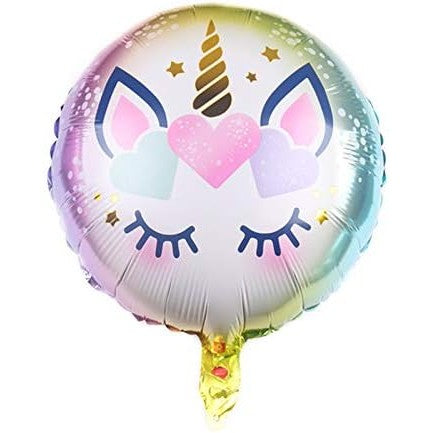 Balon din Folie Metalizata, Vivimall, Mini Figurina Rotunda, Model Unicorn, Happy Birthday, Tematica Aniversare, 45 cm, Ambalaj Individual, Pai Inclus, Umflare cu Aer sau Heliu, Multicolor - vivimall.ro