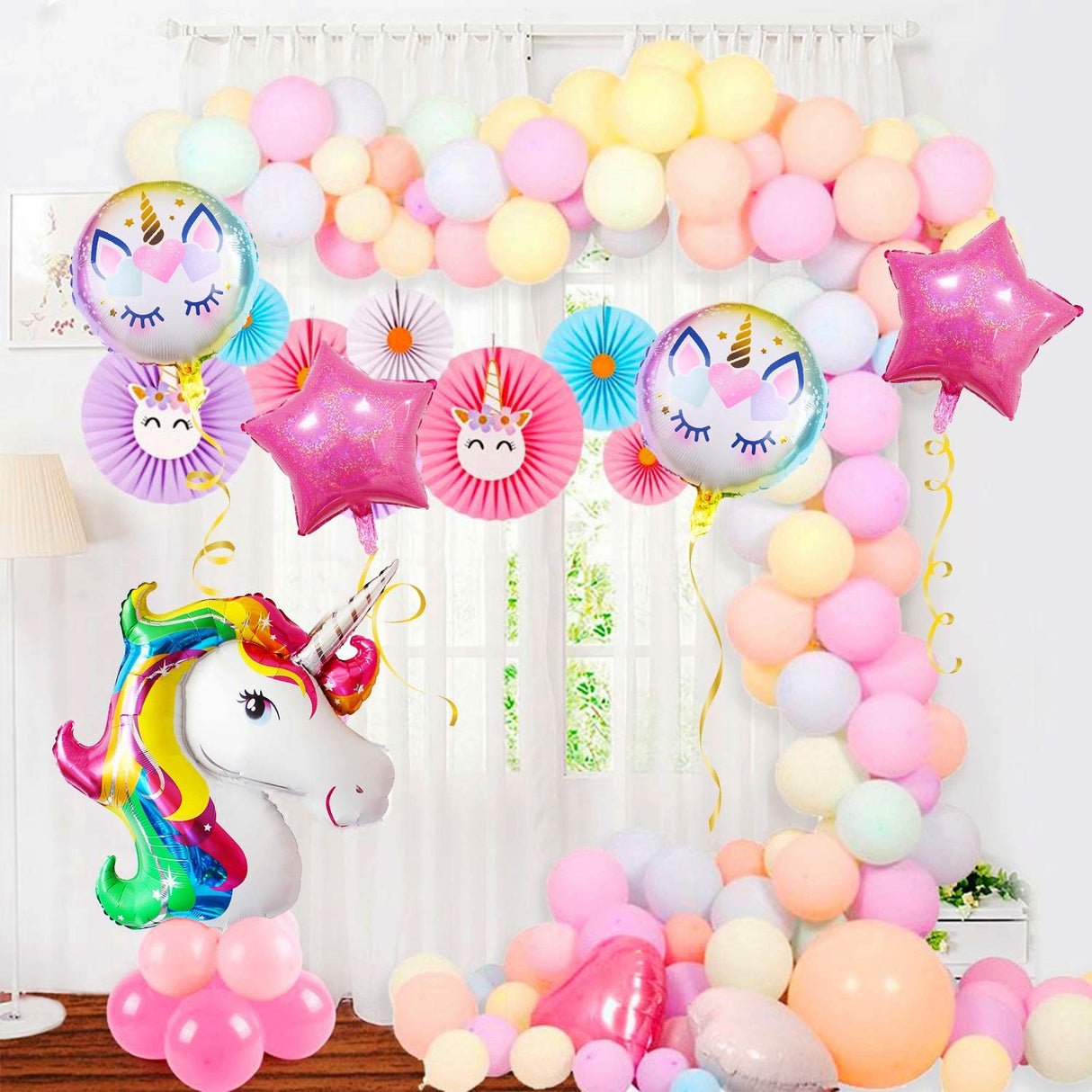 Balon din Folie Metalizata, Vivimall, Mini Figurina Rotunda, Model Unicorn, Happy Birthday, Tematica Aniversare, 45 cm, Ambalaj Individual, Pai Inclus, Umflare cu Aer sau Heliu, Multicolor - vivimall.ro