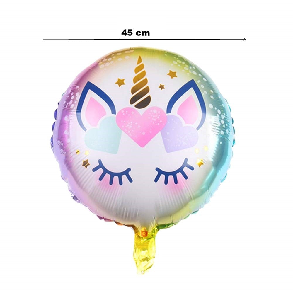 Balon din Folie Metalizata, Vivimall, Mini Figurina Rotunda, Model Unicorn, Happy Birthday, Tematica Aniversare, 45 cm, Ambalaj Individual, Pai Inclus, Umflare cu Aer sau Heliu, Multicolor - vivimall.ro