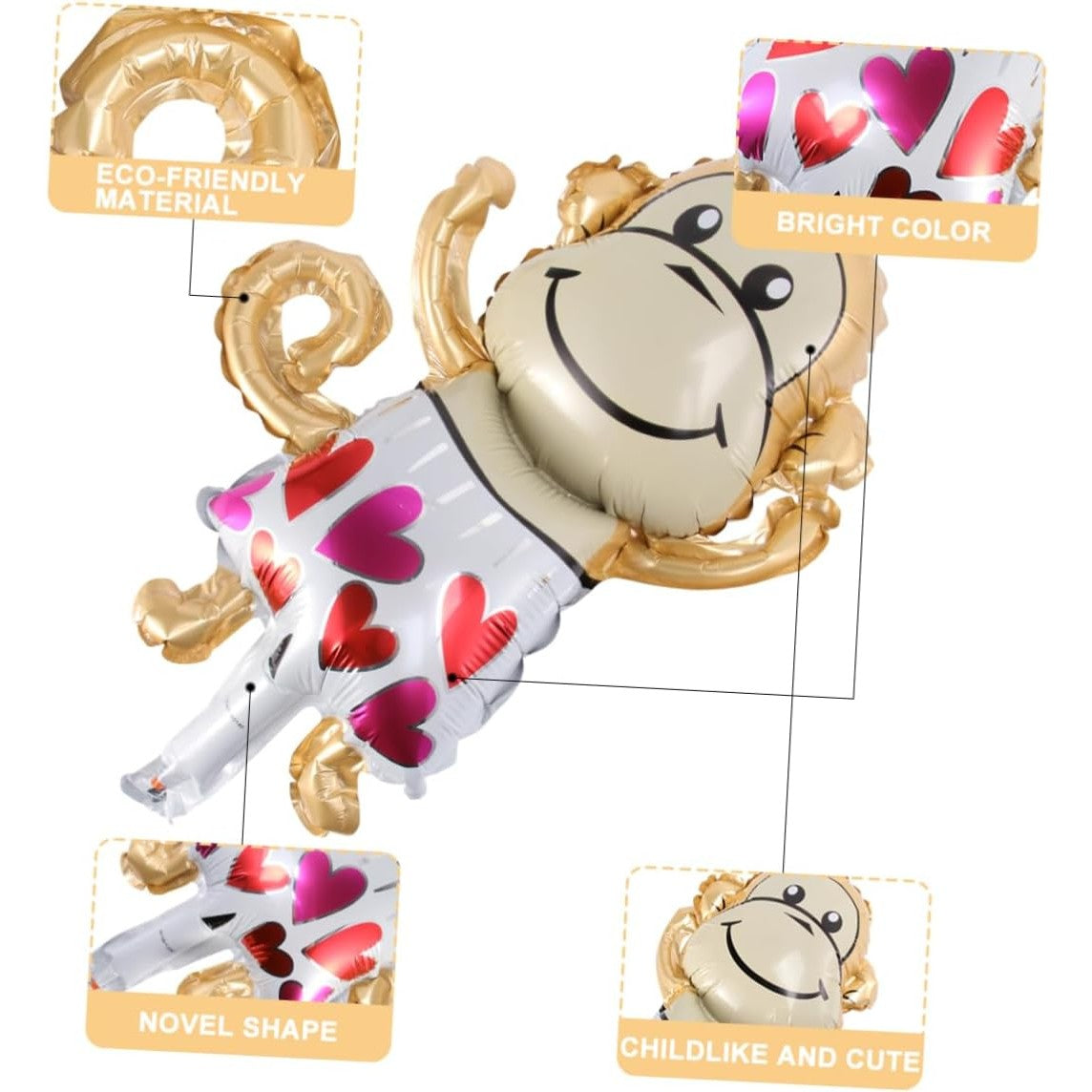 Balon din Folie Metalizata, Vivimall, Mini Figurine Animalute, Model Maimutica, Tematica Aniversare, 45x28 cm, Ambalaj Individual, Pai Inclus, Umflare cu Aer sau Heliu, Multicolor - vivimall.ro