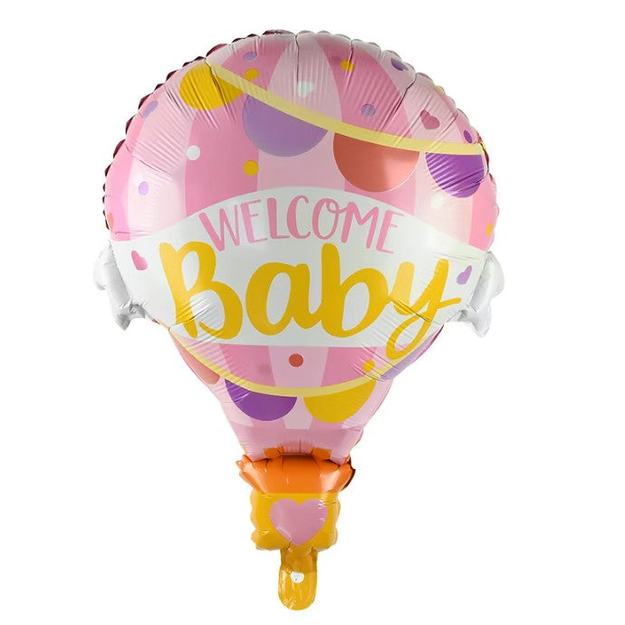 Balon din Folie Metalizata, Vivimall, Mini Figurine, Model Balon cu Aer Cald Fetita, Tematica Welcome Baby, 80x62 cm, Ambalaj Individual, Pai Inclus, Umflare cu Aer sau Heliu, Roz - vivimall.ro