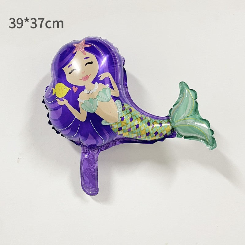 Balon din Folie Metalizata, Vivimall, Mini Figurine, Model Sirena cu Par Mov, Tematica Aniversare, 39x37 cm, Ambalaj Individual, Pai Inclus, Umflare cu Aer sau Heliu, Multicolor - vivimall.ro