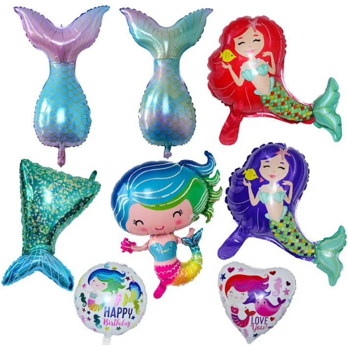 Balon din Folie Metalizata, Vivimall, Mini Figurine, Model Sirena cu Par Mov, Tematica Aniversare, 39x37 cm, Ambalaj Individual, Pai Inclus, Umflare cu Aer sau Heliu, Multicolor - vivimall.ro