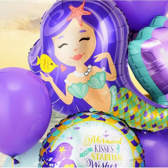 Balon din Folie Metalizata, Vivimall, Mini Figurine, Model Sirena cu Par Mov, Tematica Aniversare, 39x37 cm, Ambalaj Individual, Pai Inclus, Umflare cu Aer sau Heliu, Multicolor - vivimall.ro