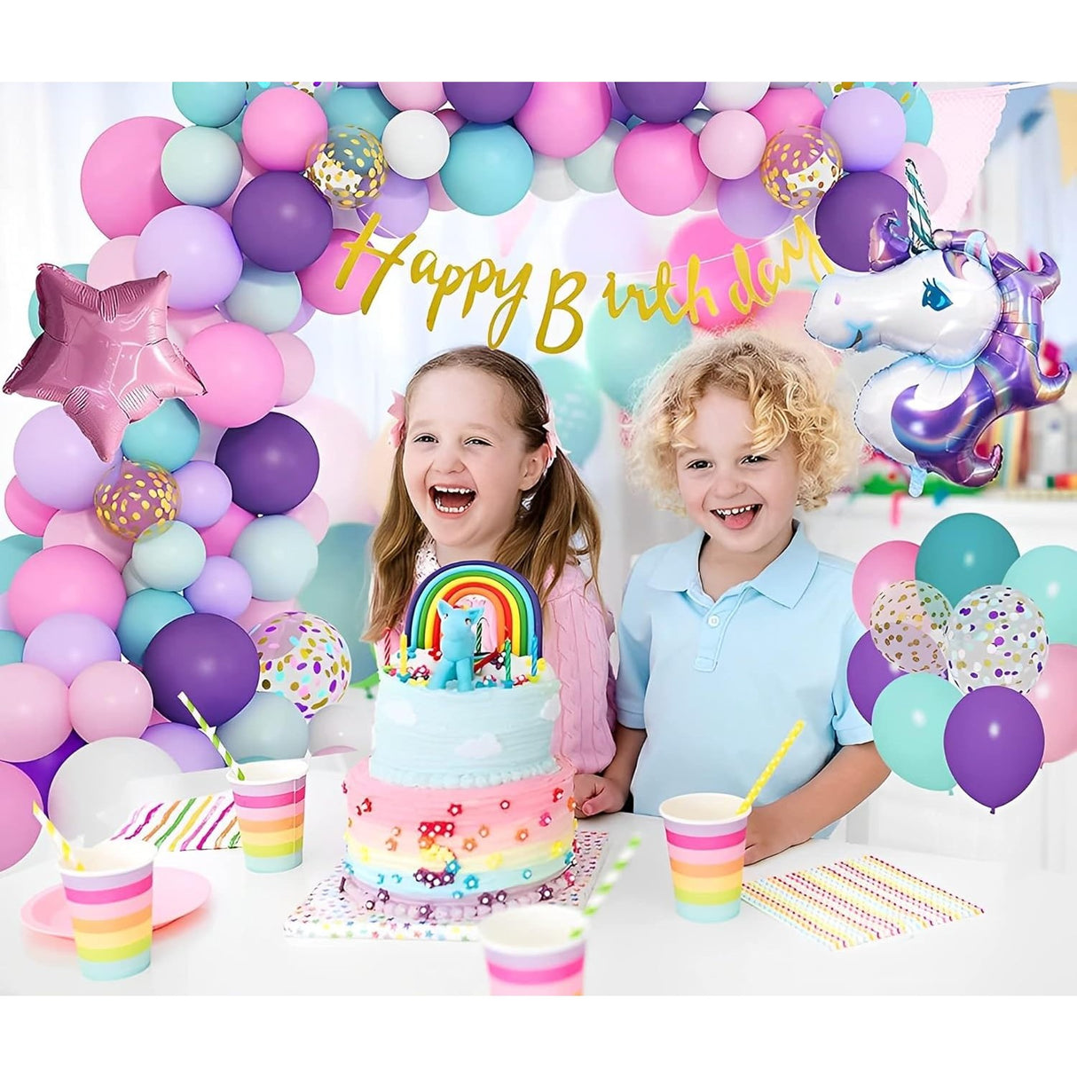 Balon din Folie Metalizata, Vivimall, Mini Figurine, Model Unicorn, Tematica Aniversare, 115x76 cm, Ambalaj Individual, Pai Inclus, Umflare cu Aer sau Heliu, Multicolor - vivimall.ro