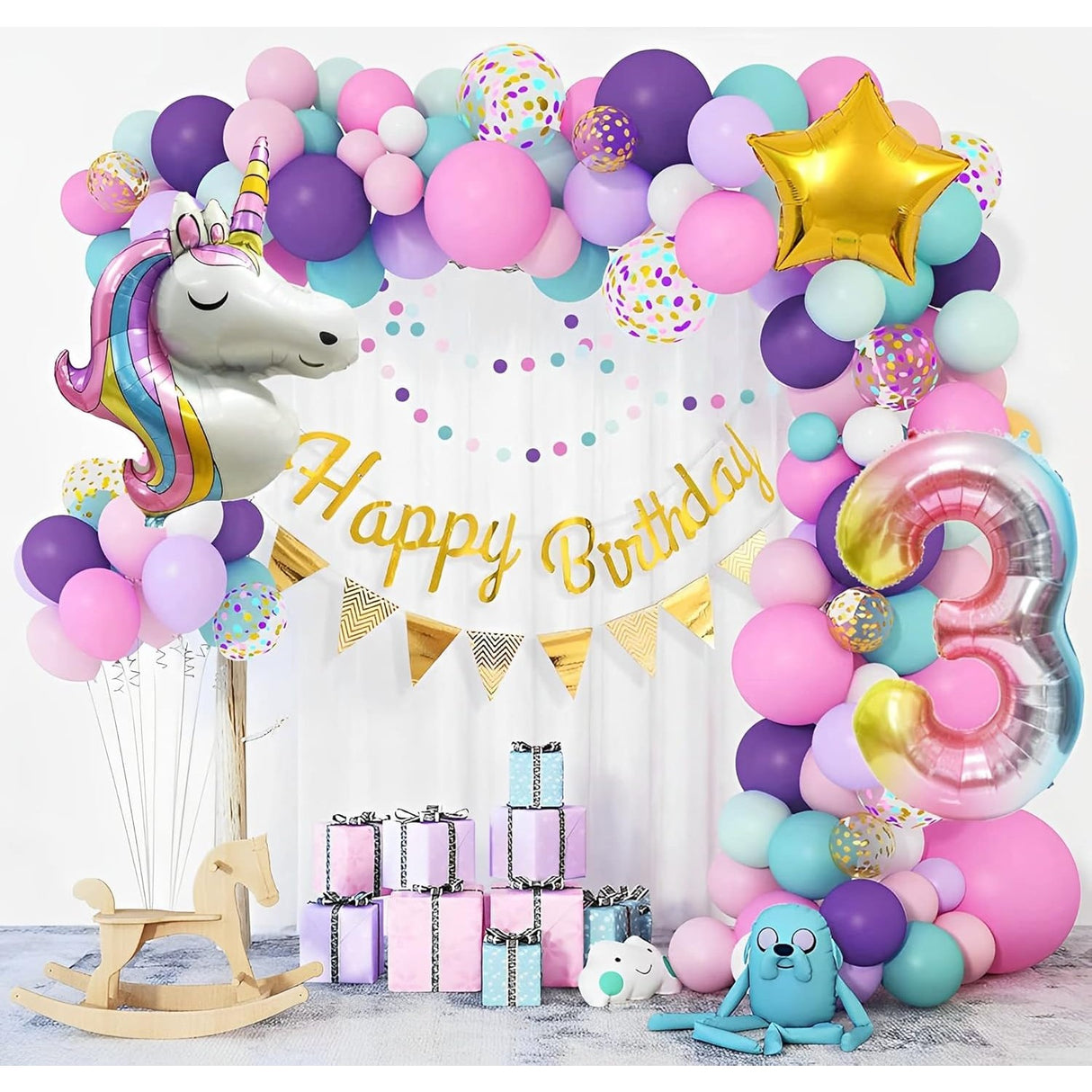 Balon din Folie Metalizata, Vivimall, Mini Figurine, Model Unicorn, Tematica Aniversare, 115x76 cm, Ambalaj Individual, Pai Inclus, Umflare cu Aer sau Heliu, Multicolor - vivimall.ro