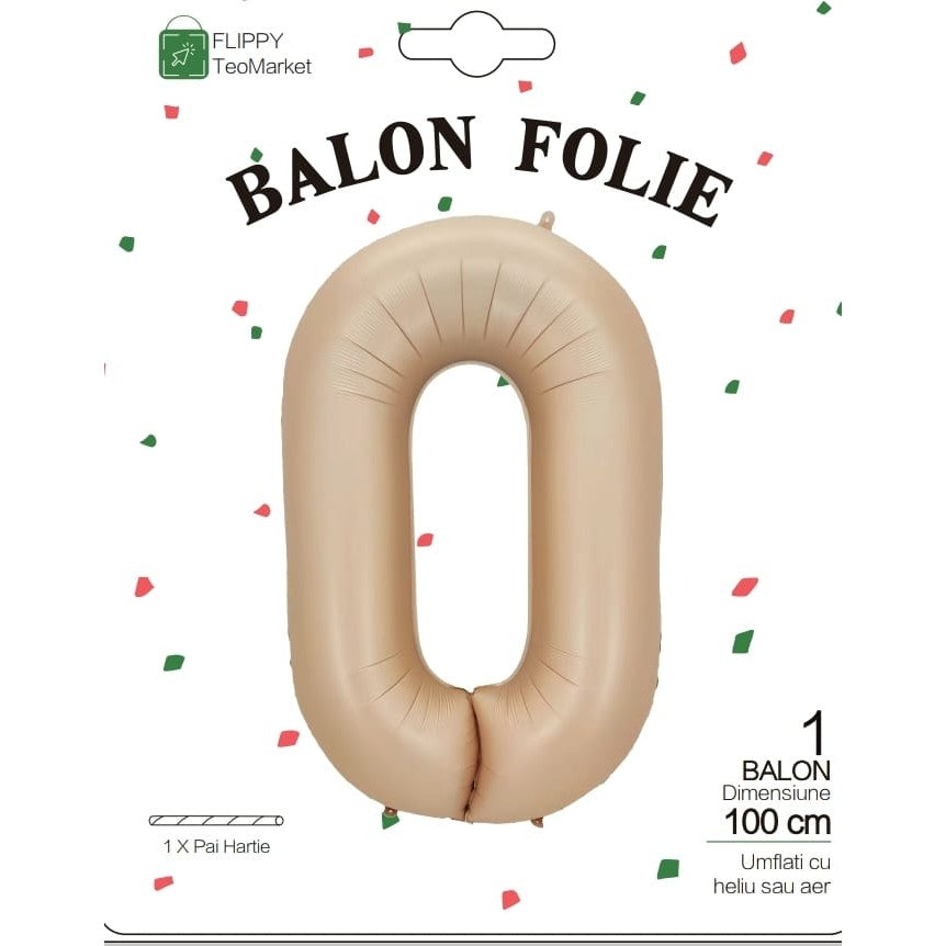 Balon din Folie Metalizata, Vivimall, Model Cifra 0, 100 cm, Ambalaj Individual, Pai Inclus, Crem - vivimall.ro