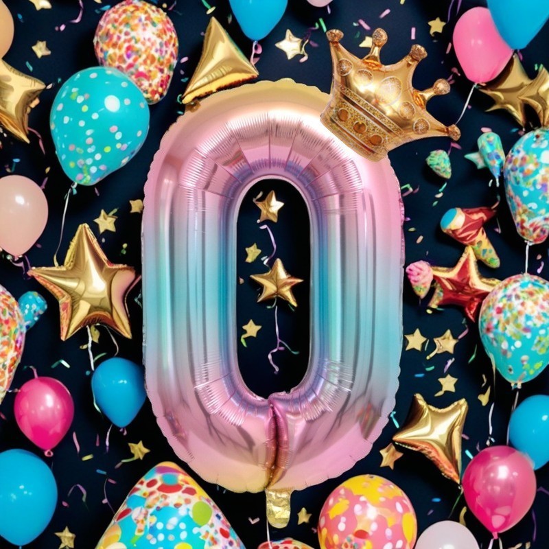 Balon din Folie Metalizata, Vivimall, Figurina Cifra Gradient, Tema Aniversare 80 cm, Ambalaj Individual, Pai inclus, Umflare cu Aer sau Heliu, Coronita, Cifra 0 - vivimall.ro