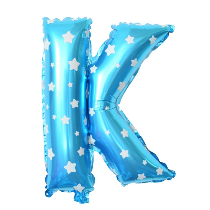 Balon Folie Metalizata Litera K, Vivimall, 40 cm, Cu Imprimeu Stelute, Umflati cu Heliu sau Aer, Ambalaj Individual, Pai inclus, Albastru - vivimall.ro