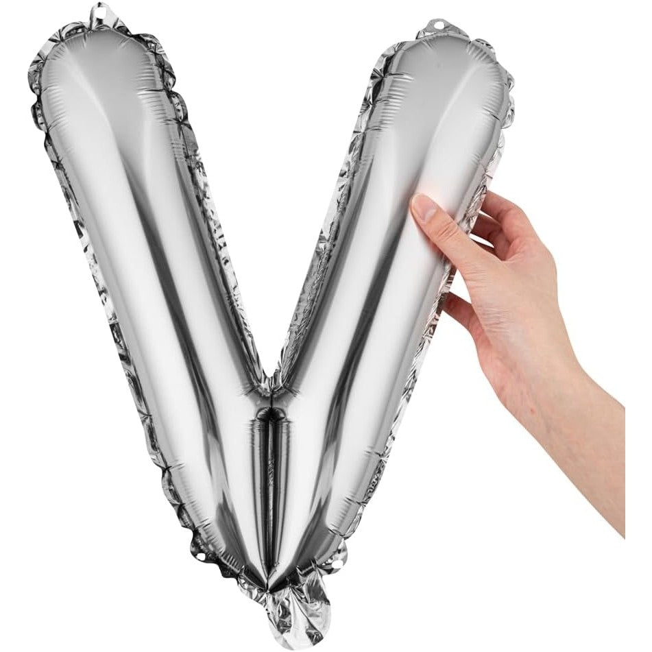 Balon Folie Metalizata Litera V, Vivimall, 80 cm, Umflati cu Heliu sau Aer, Ambalaj Individual, Pai inclus, Argintiu - vivimall.ro