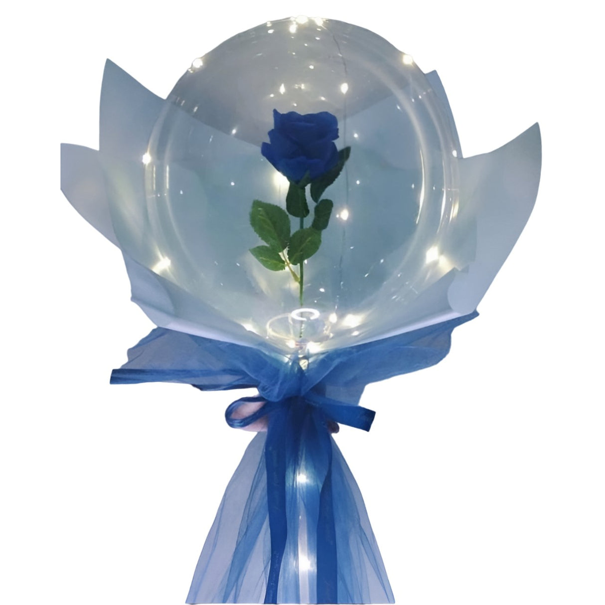 Trandafir in Balon LED cu Lumini, Vivimall, Tip Buchet, Diametru 35 cm, Albastru - vivimall.ro